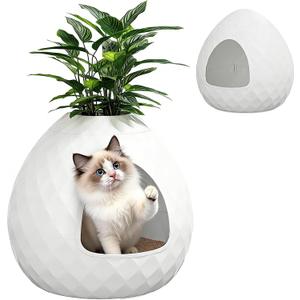 Plant Litter Box Egg-Shaped, Hidden Cat Litter Box Enclosure - Secret Small Litter Box Furniture with Two Interchangeable Top, for Living Room Corner, Ivory White, 20"×20"×19.6"