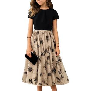 Seechoslo New 8-14Years Girls Elegant Dress Short Sleeve A-Line Floral Midi Party Special Occasion (US, Age, 12 Years, Black)
