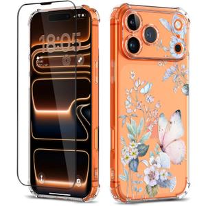 for iPhone 17 Pro Case with Screen Protector [Full Camera Protection] Flower Pattern Design,Clear Soft Shockproof Floral Phone Cover for Women Girls 2025 6.3"(Magic Butterfly)
