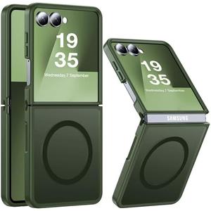 FNDMIL Magnetic for Samsung Galaxy Z Flip 7 Case [Compatible with MagSafe][Anti-Fingerprint][Military Grade Drop Proof] Translucent Hard Back&Soft Silicone Bumper for Flip 7 Phone Case,Forest Green