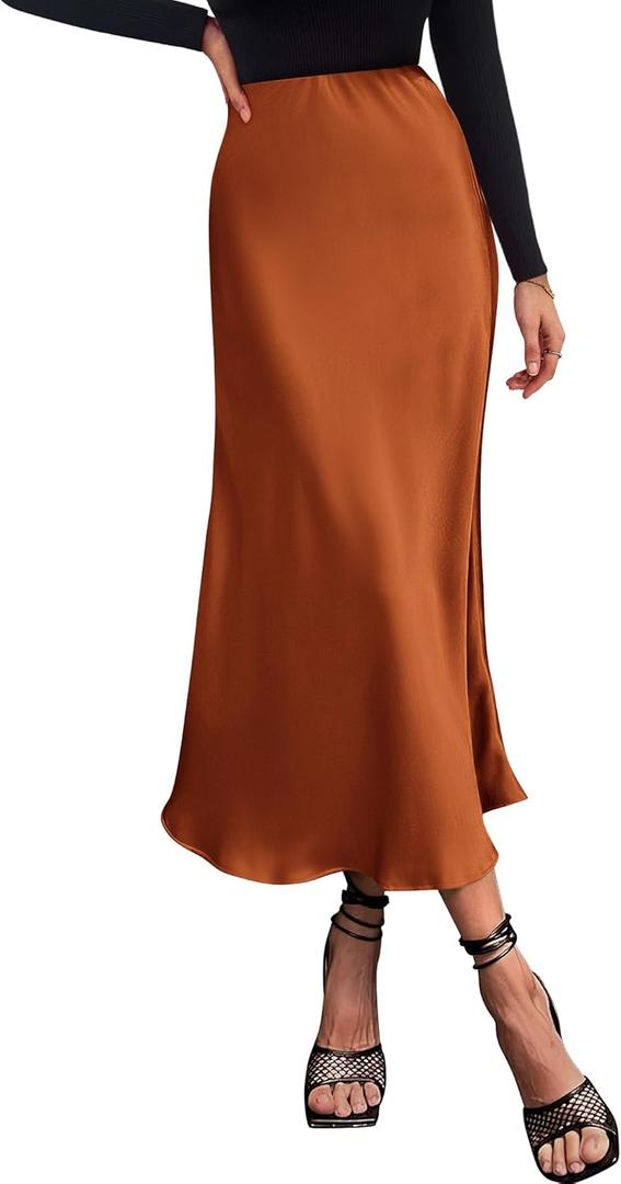 BTFBM 2025 Womens Summer Fall Long Satin Skirt Silk Elegant High Waist Cocktail Party Wedding Flowy A-Line Midi Skirts (Rust Red, Small)