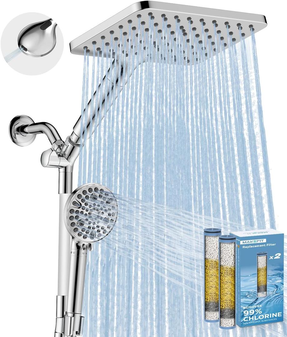 MakeFit Dual Filtered Rain Shower Head Combo, High Pressure Handheld Shower Head with Adjustable Bar - Rainfall Shower Head And Showerhead with Filter for Hard Water - Removes Chlorine (Polished Chorme)