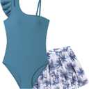 Girls Swimsuit One Piece Swimwear Top with Tropical Print Cover Up Skirt Girls Bathing Suit 7-16 Years (13-14 Years, Deep Blue)