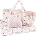 BABESIDE 3 Pcs Baby Doll Bassinet with Doll Bedding Set for 17-22 Inch Babydolls, Cute Animal Print Baby Dolls Crib with Blanket for Reborn Baby Doll Accessories, Off-White