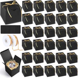 YooNotee 100 Pcs Small Gifts Boxes 4x4x4 Inches Black Square Gift Boxes with Lids Cards Ribbons, Square Favor Box Bulk for Gifts Candy Wedding Bridesmaids Birthday Party(4x4x4 Inches, Black)