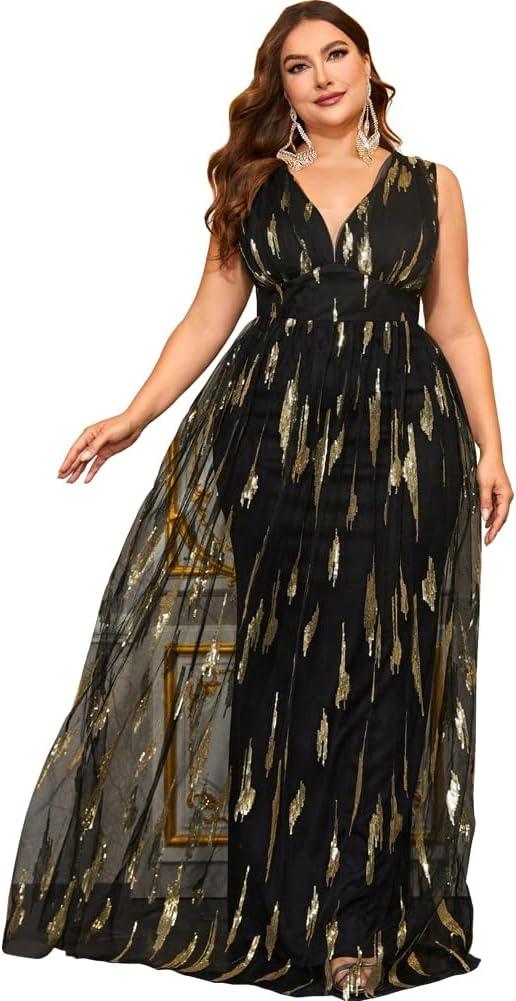 Women's 2025 Formal Dresses Sequin Mesh A-Line V-Neck Maxi Dress Evening Gown Plus Size, Black 