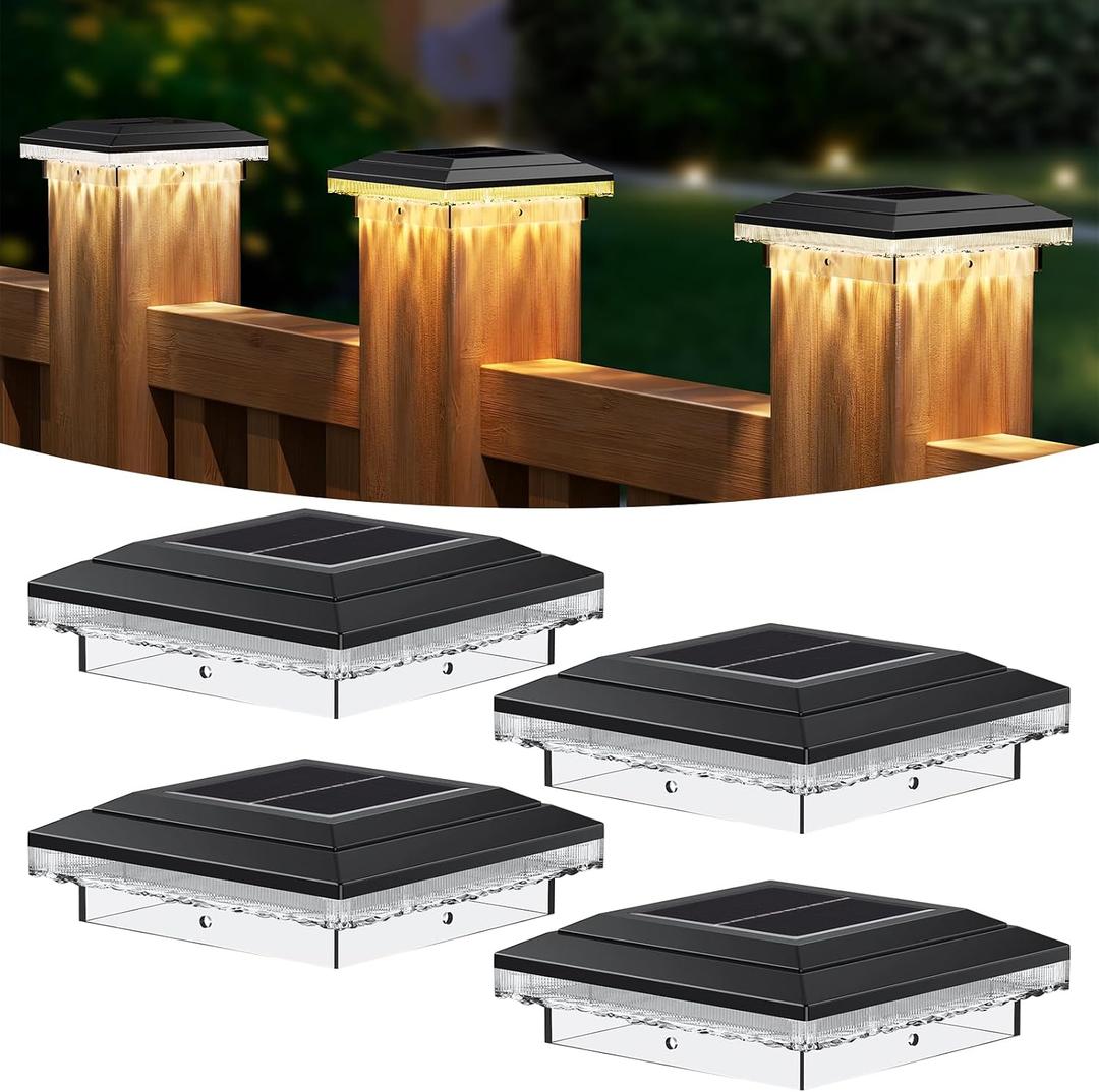 4x4 Solar Post Cap Lights Outdoor, 16 LED Fence Post Solar Lights with 3 Light Modes, Deck Post Lights Solar Powered Waterproof Fits 4x4 Posts Vinyl Wooden Posts for Deck Patio(Black, 4 Pack)