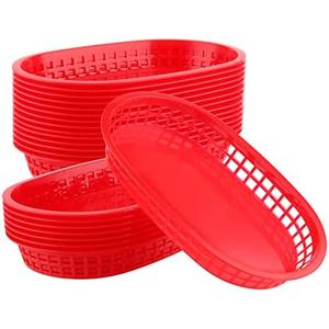 KOHAND 20 Pack 11 x 7 Inch Red Fast Food Basket, Plastic Oval Shaped Fast Food Serving Basket, Deli Food Service Basket for Bread, Hot Dog, Burgers, Sandwiches, Fries, Barbecues