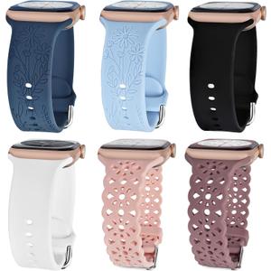 6 Pack Silicone Bands Compatible with Apple Watch Band 38mm 40mm 41mm 42mm 44mm 45mm 49mm Women, Slim Lace+Flower Engraved Sport Strap Soft Replacement Wristbands for iWatch Series 8/7/SE/6/5/4/3/2/1
