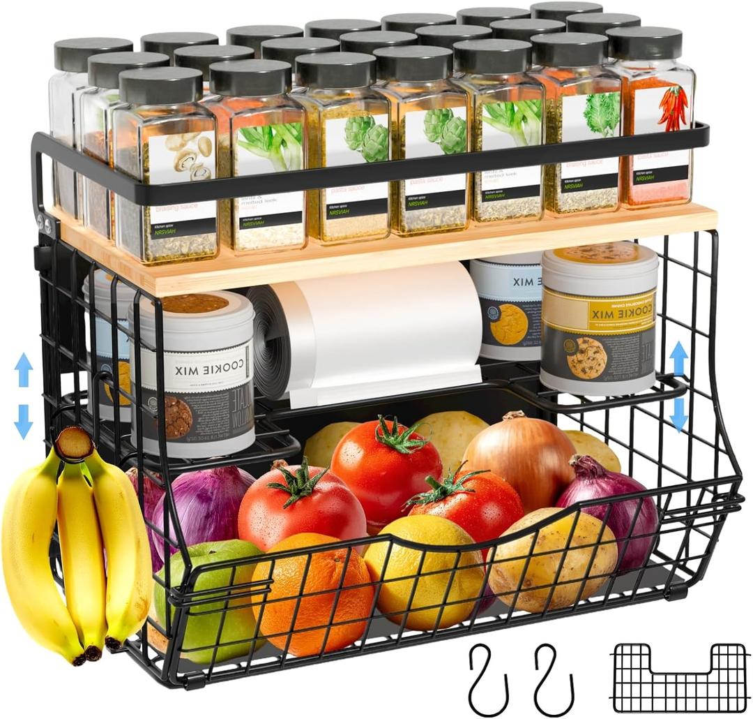 3-Tier Magnetic Shelf for Fridge with Divider & Bamboo Top, Fruit Basket Potato and Onion Storage Bins, Kitchen Large Container Magnetic Spice Rack for Refrigerator, Kitchen Counter, Fridge Organizer (1 Pack, BLACK)