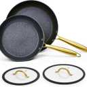 Frying Pan Set No stick with Lids, 2 Pieces 9.5 inch and 11 inch Nonstick Granite Skillet with Lids and Golden Steel Handle Chef's Pan Cookware Set, Oven Safe