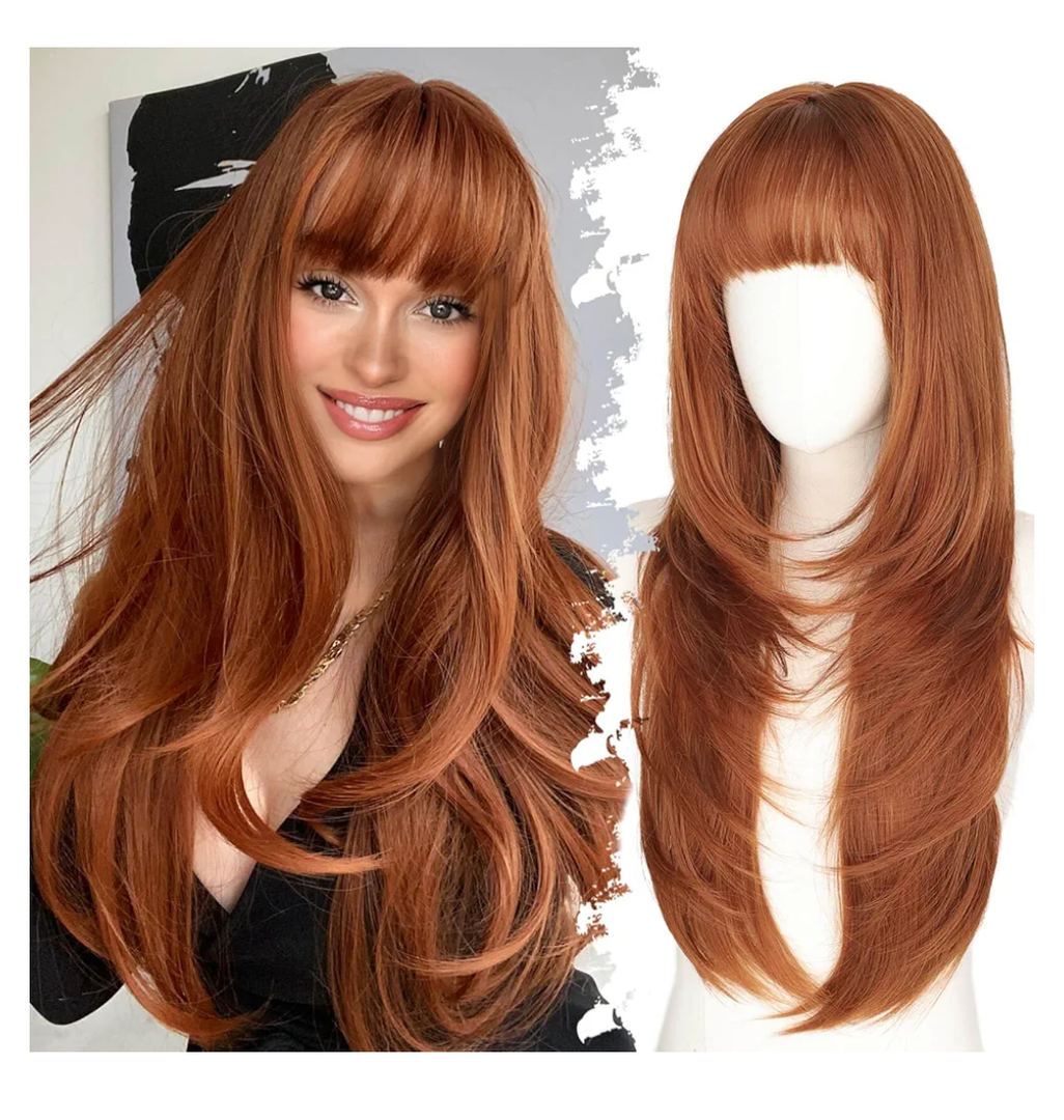 Long Ginger Wig with Bangs for Women,4x4 Realistic Scalp, Free Parting,Layered Hairstyle Synthetic Heat Resistant for Daily Party Use 26 inch