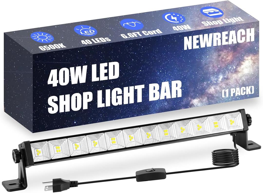 40W Super Bright LED Work Light - 4800LM 6500K Cool White, 6.6ft Extra Long Cord, Plug-in Shop Light Bar for Garage, Workshop, Basement, Warehouse, Outdoor Yard | Easy Installation(1 Pack)