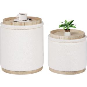 B FSOBEIIALEO Storage Ottoman Round Boucle Ottomans with Tray, Set of 2 Teddy Foot Rest Ottoman Cube with Storage for Living Room, Cream White 15"x15"x16.9"
