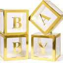 Baby Boxes with Letters for Baby Shower, 4 Transparent Balloon Boxes with Letters for Gender Reveal Birthday Wedding Baby Shower Decorations (Gold)