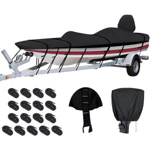 Tuszom Custom Fit Bass Boat Cover with Motor Cover, True 900D Solution-Dyed Bass Tracker Boat Cover Fits 16 ft - 18.5 ft Long, 98 in Wide Boat - Waterproof & Trailerable with 17 Windproof Straps (Black)