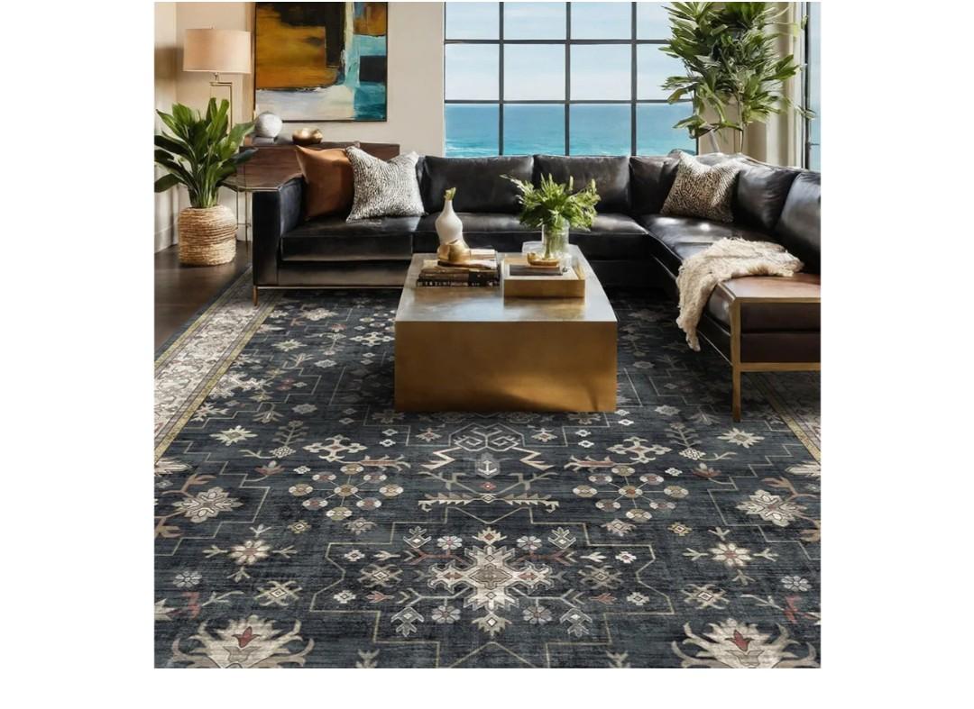 Black Farmhouse Washable 8x10 Area Rugs for Living Room, Bedroom, Dining Room Kitchen Table Rug for Under Table, Office, Dark Charcoal Tumble Stain Resistant Non-Slip Large Washable (8x10 Black/Multi)