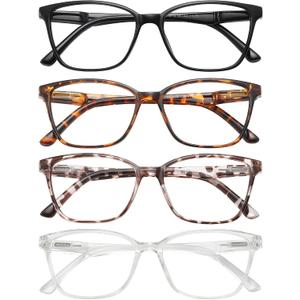 Przene 4 Pack Blue Light Blocking Reading Glasses,Readers for Women and Men with Spring Hinge Black/brown/leopard/transparent Magnification Strength:0.75x