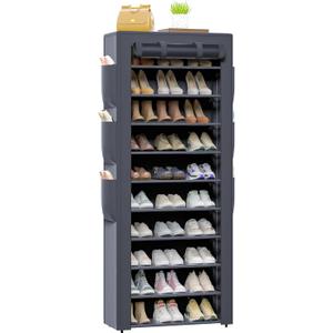 OYREL Shoes Rack 10 Tier Tall Shoe Rack with Storage Pockets, Fabric Covered Shoe Racks,Metal Shoes Rack Organizer for Closets,Bedroom, Garage (Large, Grey)