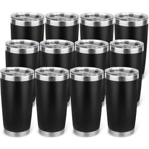 20oz Stainless Steel Tumbler Bulk with Lid, Travel Mug - Double Wall Vacuum Powder Coated Cup - Black, 12 Pack