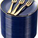 Festiva 200Pcs Navy Blue Gold Dessert Plates 6.3" with Plastic Forks 5"- Small Disposable Plates- Dessert/Cake/Appetizer Plastic Plates include 100Plates 100Forks for Christmas Party & Hanukkah