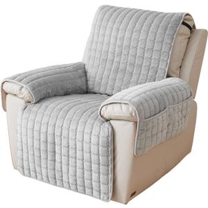 Quilted Recliner Chair Covers, Plush Non Slip Chair Slipcover Soft Washable Couch Cover Furniture Protector with Elastic Straps and Pocket for Kids, Dogs, Pets (Grey, 1 Seater)