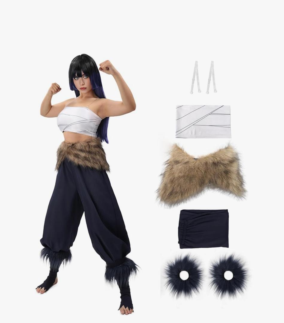 DAZCOS Anime Inosuke Female Cosplay Costume Set Crop Tops Pants Apron Outfit for Party Halloween, XL