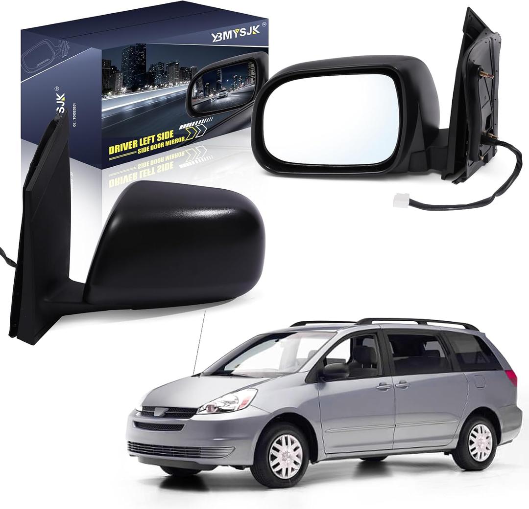 Driver Side Power Door Mirror Compatible with Toyota Sienna 2004 2005 2006 2007 2008 2009 2010, Non-Heated Manual Folding W/o Turn Signal Light Black 3 Pin