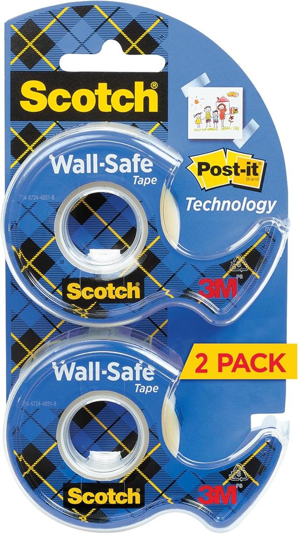 Scotch Wall-Safe Tape, 2 Dispensered Rolls, Sticks Securely, Removes Cleanly, Invisible, Designed for Displaying, Photo Safe, 3/4 in x 600 in (183-DM2) (2 Rolls)