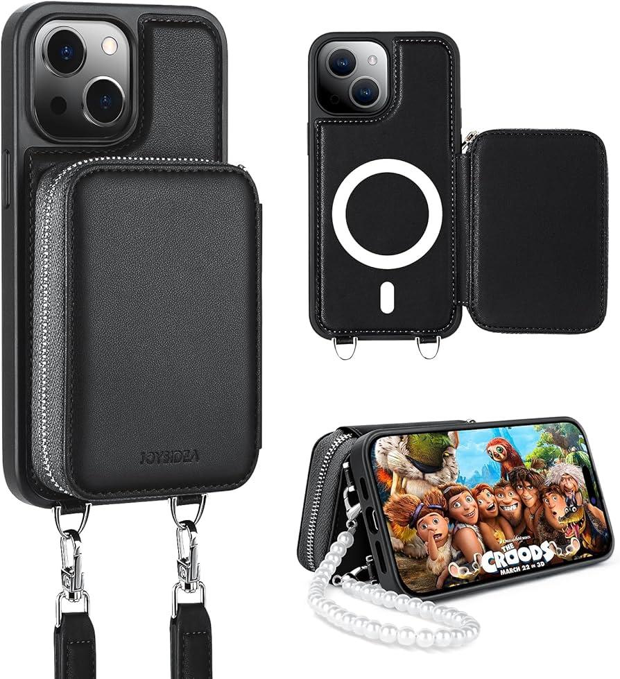 JOYSIDEA for iPhone 15 Plus Wallet Case, Magsafe Crossbody Magnetic Phone Case with Card Holder for Women, RFID Blocking Leather Handbag Purse with Wrist Strap Lanyard for iPhone 15 Plus 6.7", Black