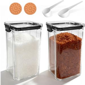 Brown Sugar Container (2-Pack), 44Oz/1300ml Airtight PET Storage Jar with Lid, Spoon & 2 Sugar Savers - Stackable Kitchen Canister for Baking, Salt, Snacks, Flour, Coffee
