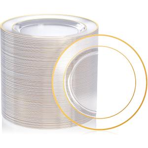 FOCUSLINE 7 Inch Small Clear Gold Plastic Plates 100 Count, Disposable Heavy Duty Clear Plates with Gold Rim, Premium Hard Plastic Plate Fancy Disposable Salad Plate for Wedding Parties