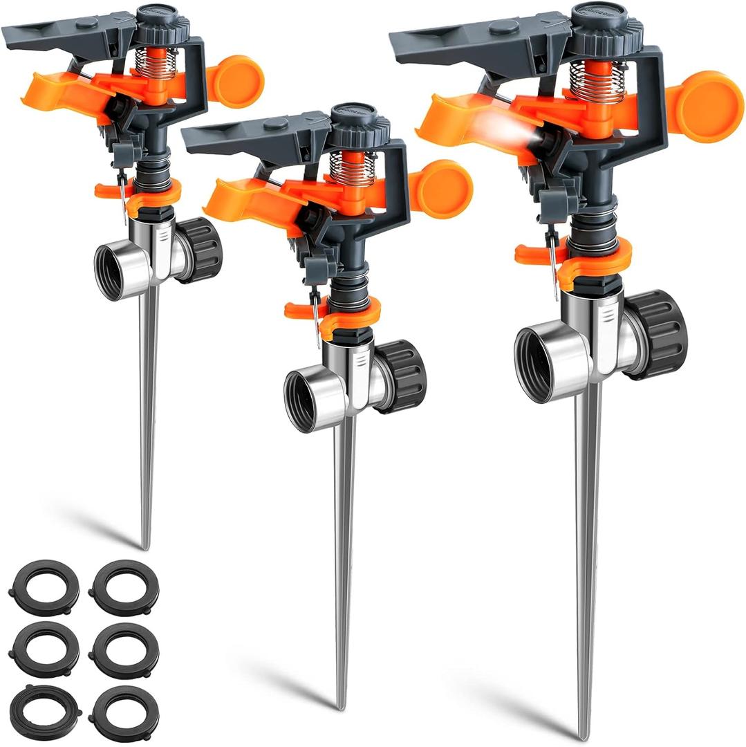 3 Pack Pulsating Sprinklers with Metal Spike, 360 Adjustable Rotating Impact Sprinkler Large Area Coverage Sprinklers for Yard Lawn Garden Above Ground Sprinkler System (Black and Orange)