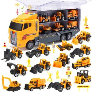 25 in 1 Construction Truck Toy Set for Kids  Push and Go Car Carrier with Lights and Sounds, 12 Diecast Mini Vehicles Included
