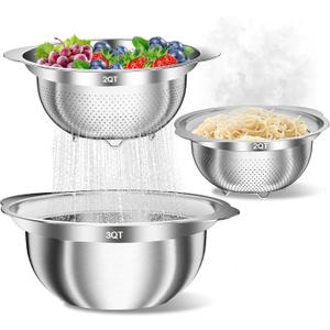 Stainless Steel Colanders with Mixing Bowl - 2.0QT & 2.0QT Strainer and Colander with Handle, 3.0QT Nesting Kitchen Bowl with Colander For Pasta, Vegetables, Fruit, Rice, 3PCS (Silver)