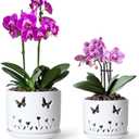 2 Pack, 5 + 6 Inch White Orchid Pots with Butterflies and Tulips Holes and Saucer, Ceramic Orchid Planters for Repotting with Drainage Holes and Tray Indoor Outdoor, Butterfly Gift