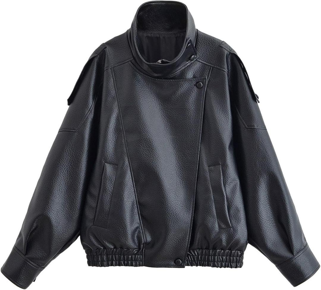 FindThy Womens Oversized Faux Leather Jacket Casual High Collar Long Sleeve Zip Up Fall Fashion Motorcycle Coats (Small, Black)