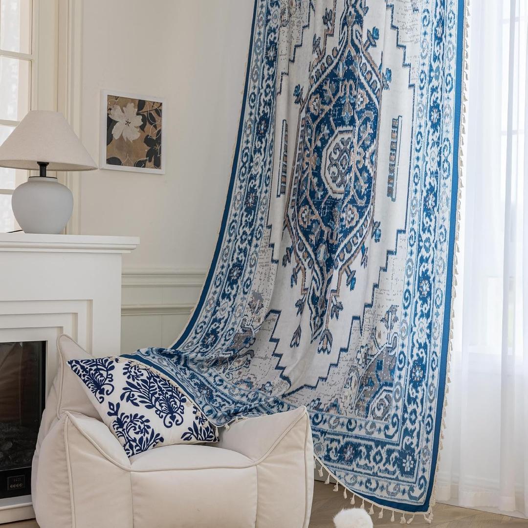 Popular Handicrafts Printed Curtains for Living Room 102 Inches Long Indian Hippie Bohemian Curtains Rod Pocket Light Filtering 2 Panels, Blue/White (B3)