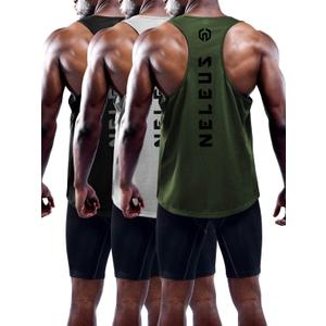 NELEUS Men's 3 Pack Dry Fit Y-Back Muscle Tank Top (Large, Black/Grey/Olive-green)