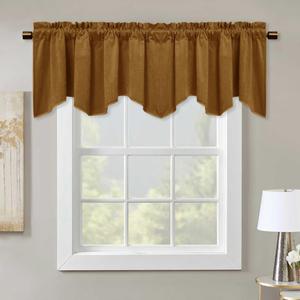 StangH Gold Brown Velvet Valance for Kitchen Luxury Blackout Rod Pocket Scalloped Valance Curtain Tier Short Curtains for Bedroom Gallery Office Window Dressing, W52 x L18 inch, 1 Panel