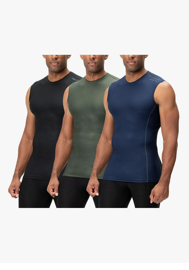 DEVOPS 2 Pack Men's Athletic Compression Shirts Sleeveless, Small (Blue & Black)