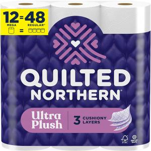 Quilted Northern Ultra Plush Toilet Paper, 12 Mega Rolls = 48 Regular Rolls, 3X Thicker*, 3 Ply Soft Toilet Tissue