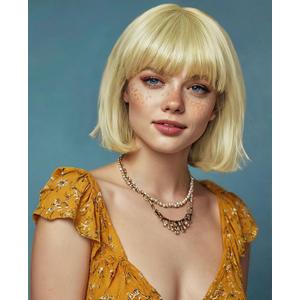 Blonde Wig with Bangs for Women, 12 Inch Straight Short Blonde Bob Wig, Synthetic Colorful Bob Wigs, Natural Looking Heat Resistant Fiber Bob Wig for Girls Daily Party Use,Cosplay Wig (Bob Wig, Blonde Color)