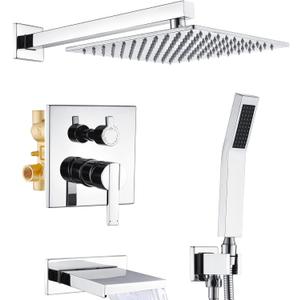 Shower System with Tub Spout, All Metal Bathtub Shower Faucet Set with High Pressure 10 Inch Rain Shower Head and Handheld Shower Head Set, Chrome (Valve Include)
