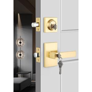 goldenwarm Gold Door Handle with Deadbolt, Square Contemporary Brushed Gold Exterior Door Lock Set with Deadbolt, Heavy Duty Zinc-alloyed Front Entry Door Locksets with Deadbolt(1 Pack) (Rectangular)