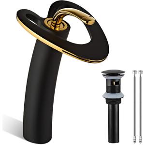 Black Gold Vessel Sink Tall High Brushed Brass Unique Modern Single Handle 2 Tone Luxury Tall Unique Bathroom Faucets, Vanity Taps with Pop up Drain for RV Bar Laundry
