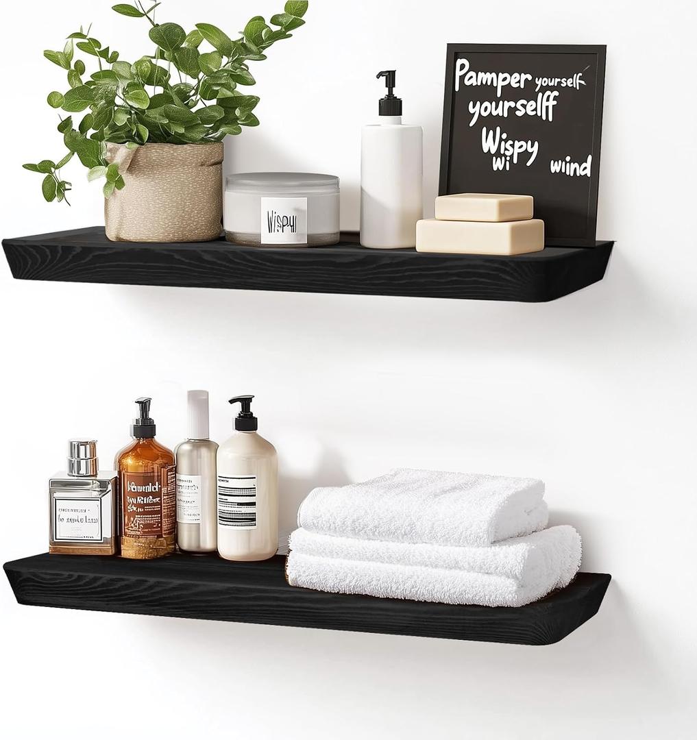 24"x6.8"x1.6" Slanted Floating Wall Shelves 2-Pack - Rustic Black Finish, Heavy-Duty Solid Wood Design with Hidden Brackets - Perfect for Living Room, Kitchen, Bathroom, or Office, 24"-set of 2