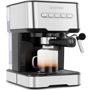 Chefman 6-in-1 Espresso Machine with Steamer, One-Touch Single or Double Shot Maker, Coffee Cappuccino Machine, Latte Built-In Milk Frother Stainless Steel