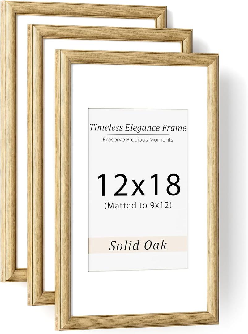 Natural Oak 12x18 Picture Frames Mat to 9x12 Picture Display Set of 3,Original Wood Handcrafted 12x18 Wooden Certificate Frame with Tempered Glass Graduation Family Wedding Photo Wall Mounted