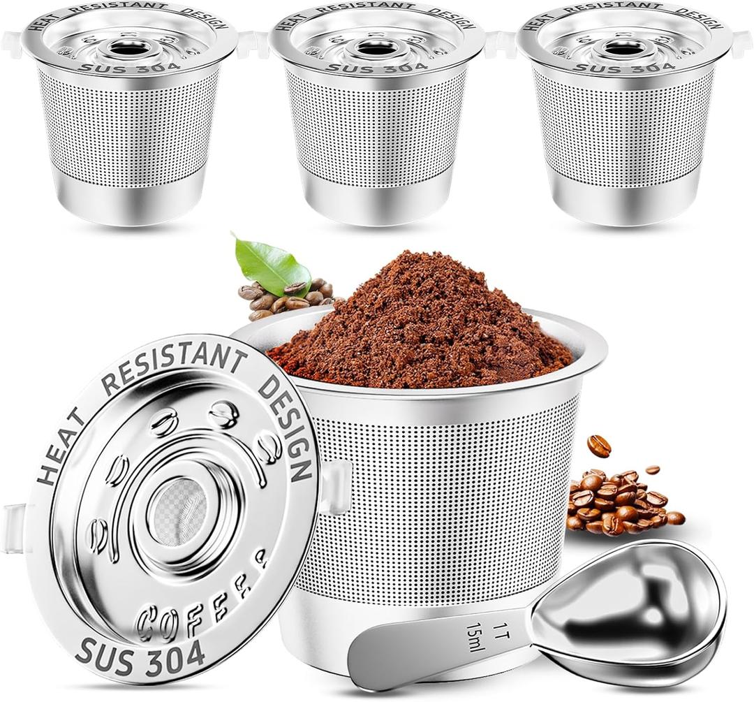 NESSUS K Cup Reusable Coffee Pods for Keurig 1.0, Stainless steel Reusable K Cups, Metal K Cups for Keurig Coffee Pods Reusable with Heat Resistant Handles and Coffee Scoop, NO BPA, 4 Pack